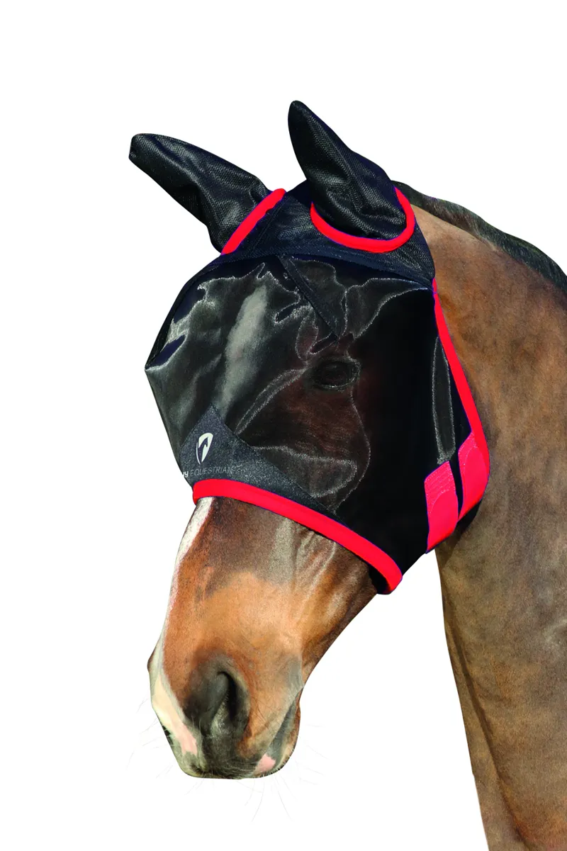 Hy Equestrian Mesh Half Mask With Ears - Black/Red
